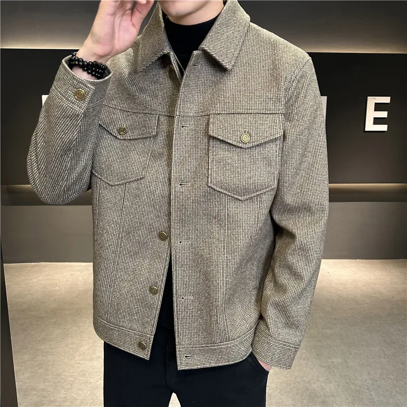 

Brand Autumn Winter Houndstooth Woolen Jacket Men Lapel Casual Business Trench Coat Streetwear Social Overcoat Men Clothing 2023