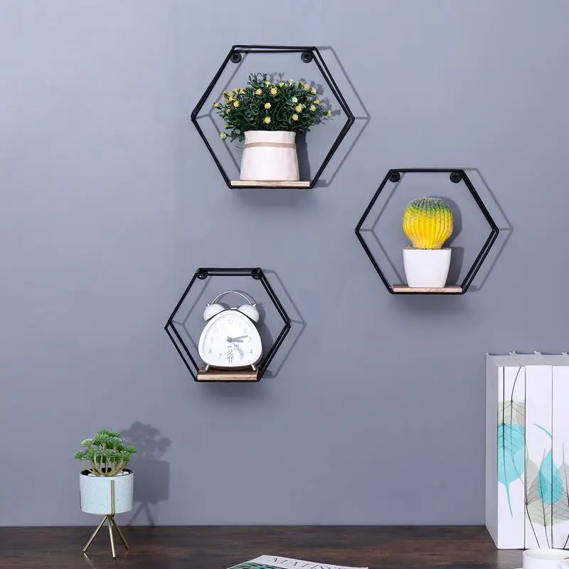 

Set of 3 Wall Mounted Hexagonal Floating Shelves in Black, Different Sizes, Modern Metal and Wood Design, Stylish Storage for