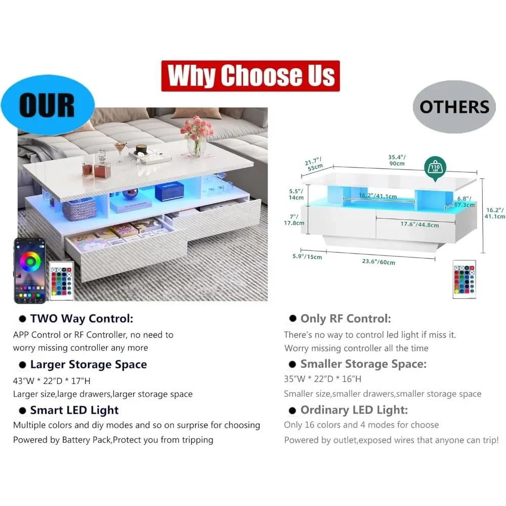 Mesa de centro LED con 2 cajones de almacenamiento, mesa de centro moderna con 60000 colores de iluminación, mesa central rectangular de 2 pisos