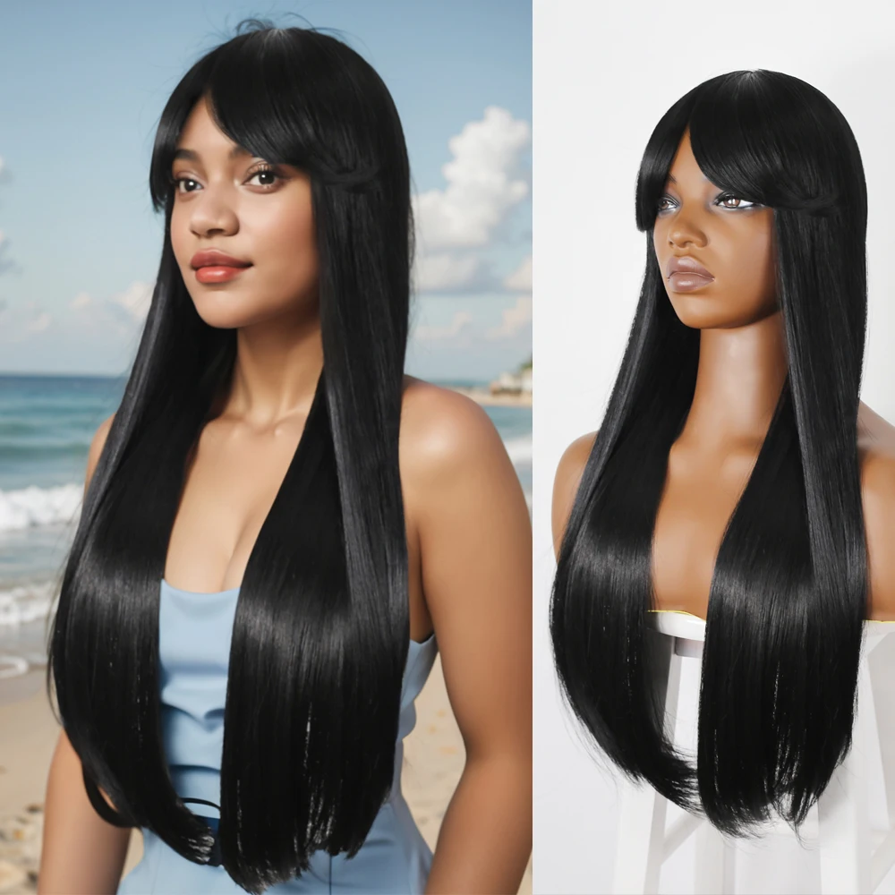 

30-дюймовый прямой черный синтетический парик с челкой, высокотемпературный волокнистый механизм, парик для косплея, длинные черные волосы