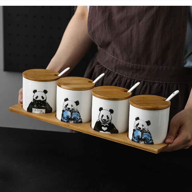 Nordic Art Ceramic Panda Pattern Spice Box Set Home Seasoning Chili Sugar Salt Pot Soy Sauce Vinegar Bottle Kitchen Supplies