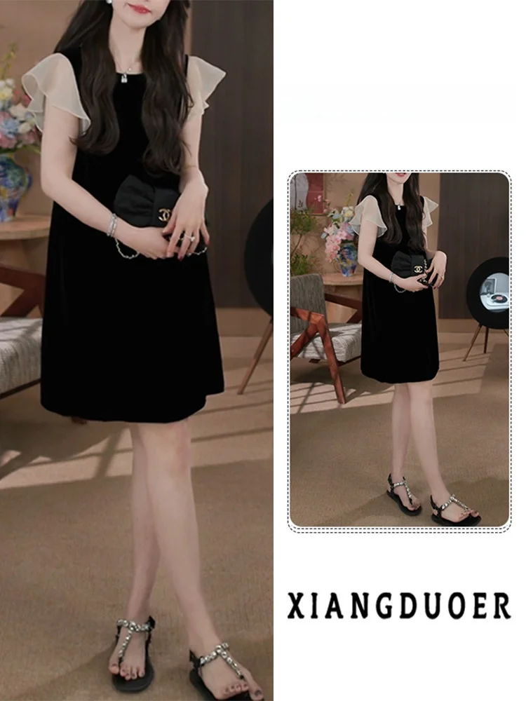 Elegant Mesh Splice Slimming Black Dress Summer New Arrival Women's Fashion Casual High Waist A-Line Short Sleeve Dress