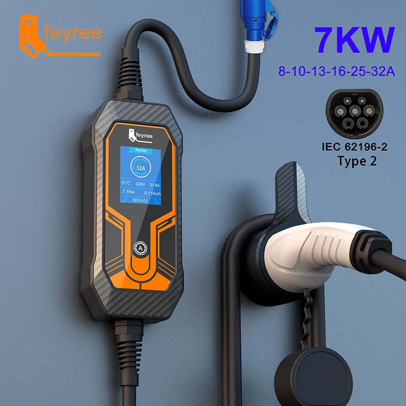 Portable EV Charger Type2 Charging Cable 5m 16A 32A Wallbox 3.5KW 7KW 11KW with Schuko/CEE Plug for Electric Vehicle Free Gift