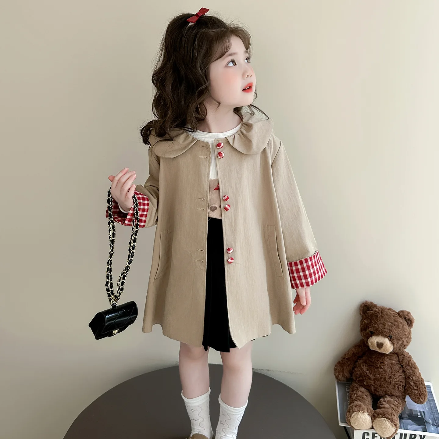 

Girls Outerwear Spring and Autumn New Checkered Buckle Windbreaker Coat Korean Edition Fashion Daily Style Casual Wear