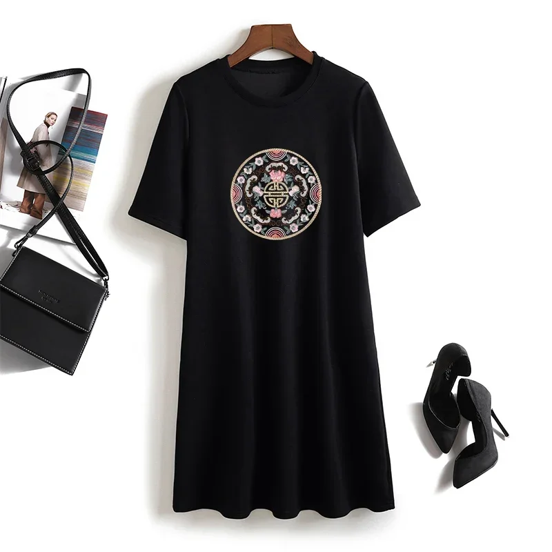 

Summer New Casual Loose Pure Cotton Vintage Chic Long T-shirt Women Clothing O-neck Tunic Short Sleeve Loose Printed Pullovers