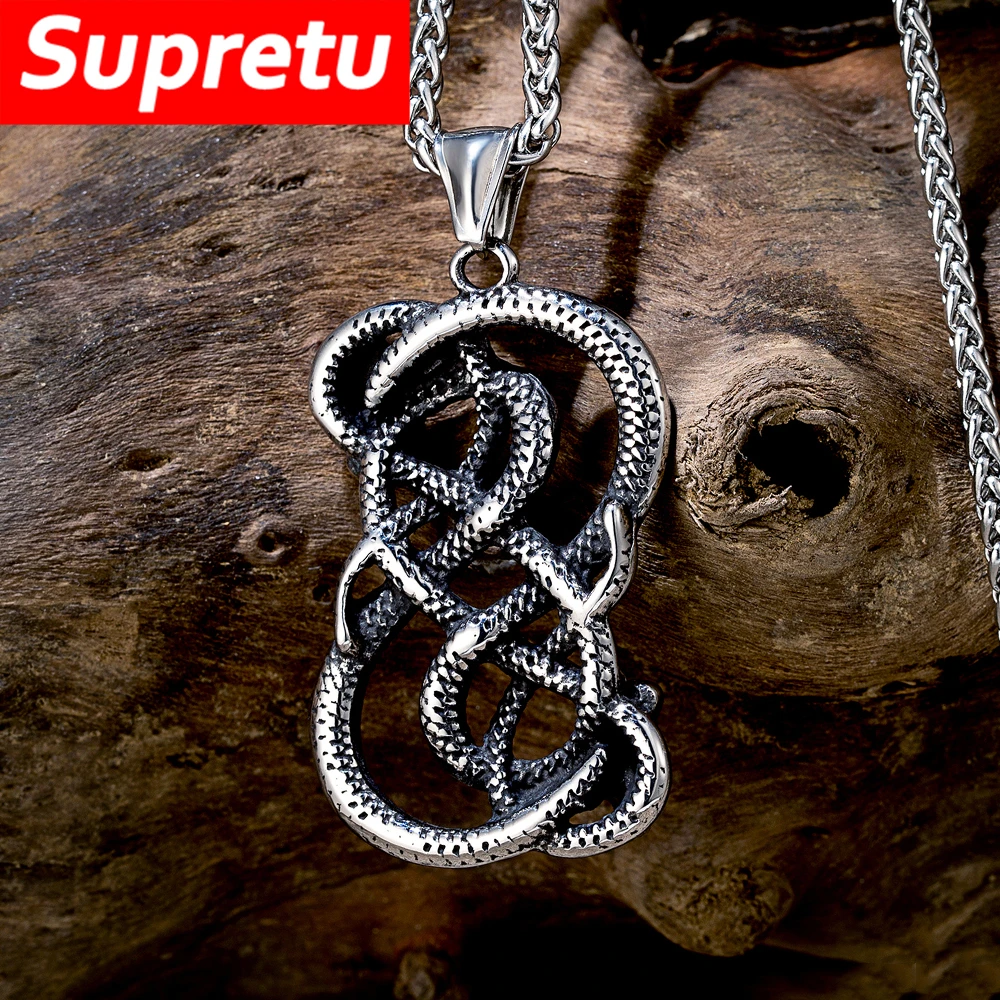 Norse Mythology Ouroboros Necklace Men Stainless Steel Python Hip Hop Pendant Vintage Vikings Animal Amulet Scandinavian Jewelry