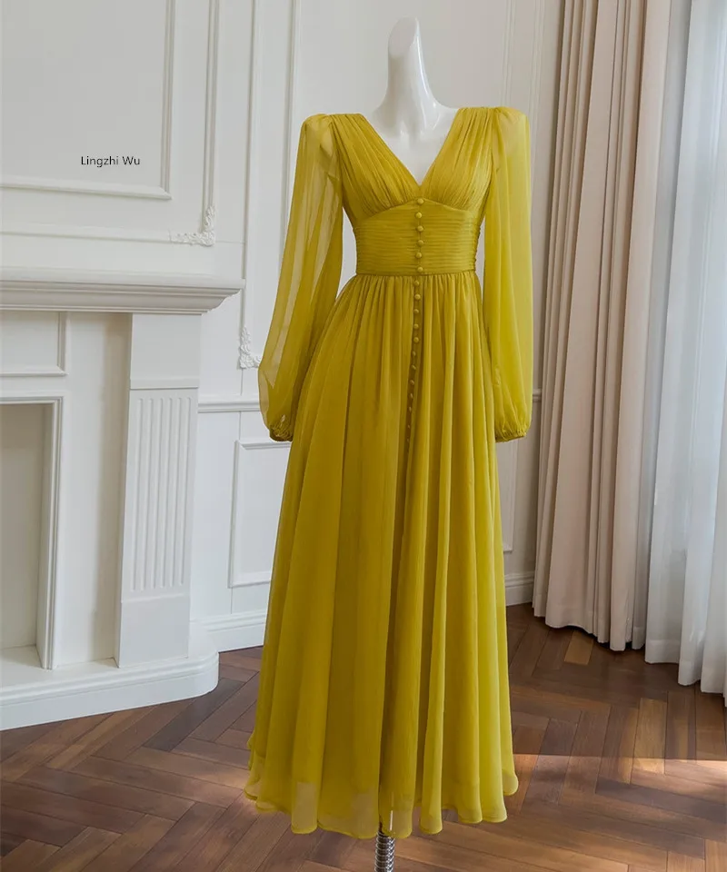 Lingzhi Wu M ustard Yellow Long Dress French Vintage Sexy Slim Waist Folds Laziness Elegant Top Quality Vestidos ExpansionBottom