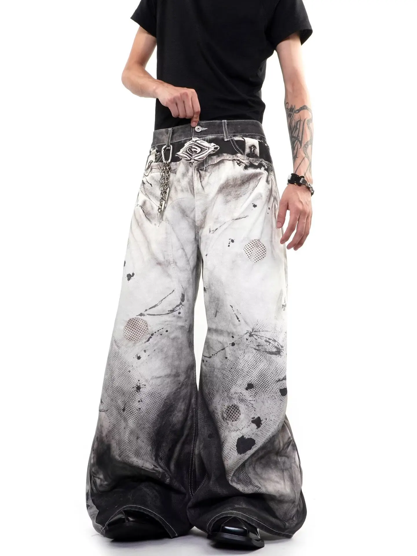 High Street Style Men's Digital Print Splatter Denim Jeans Loose Wide Leg Long Trousers Trendy Brand Knife  Pants