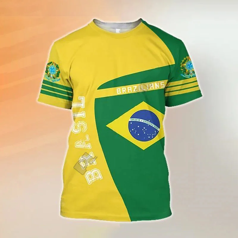 تي شيرت رجالي بعلم برازيلي مطبوع ثلاثي الأبعاد ، ملابس غير رسمية الشارع ، رقبة دائرية كبيرة الحجم ، ملابس رياضية ، موضة أطفال ، تصميم #6