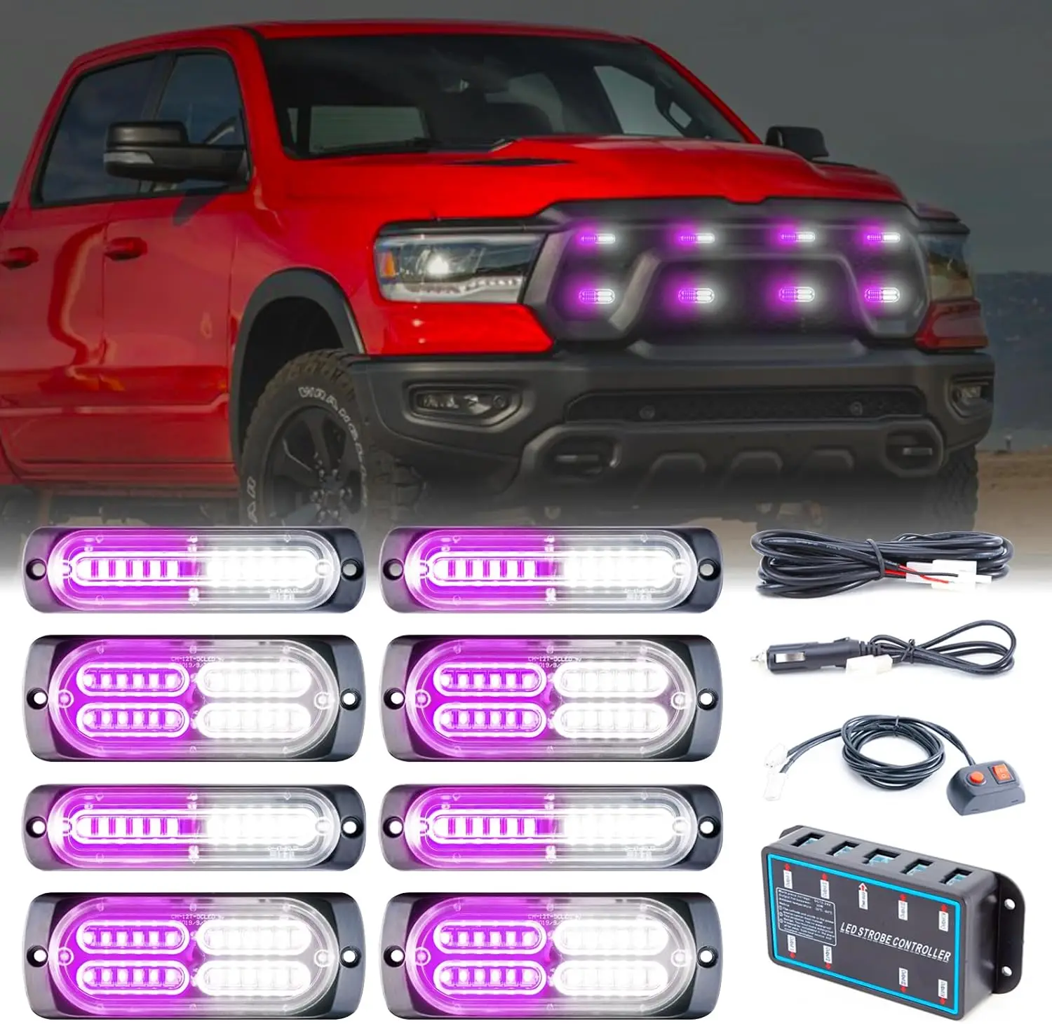 8pcs Sync Feature Emergency Strobe Grille Lights LED Ultra Slim Surface Mount Flashing Hazard Warning Light Bar with Controller