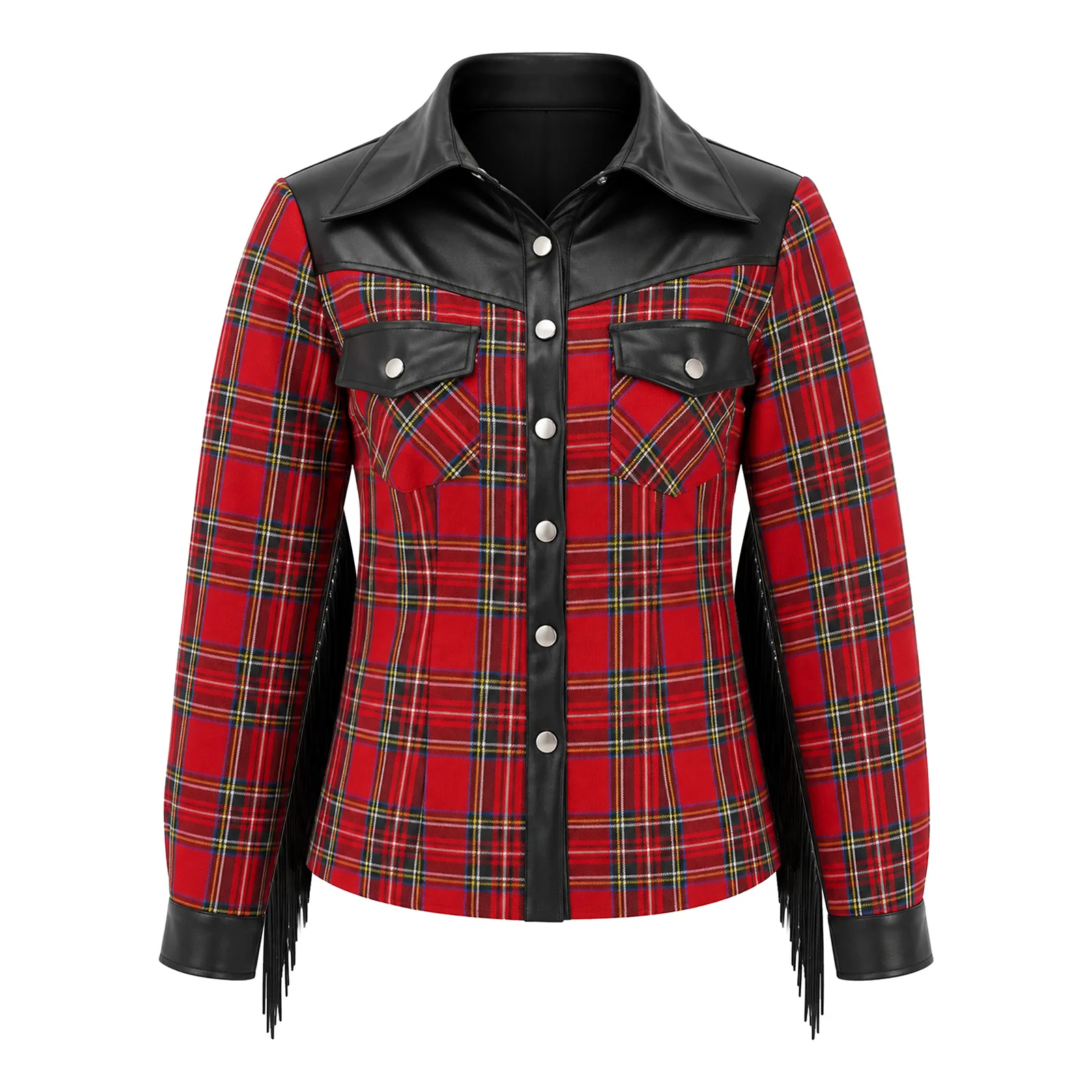 Womens Country Western Cowgirl Shirt Long Sleeve Top Fringe Accent Faux Leather Patchwork Plaid Blouse for Night Clubwear