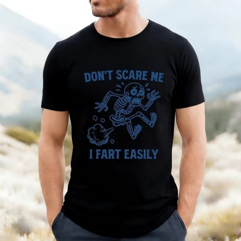 Men Women Funny Skeleton Graphic T‑Shirt Don't Scare Me I Fart Easily Printed Short Sleeve Tees Humor Joke Halloween Casual Top