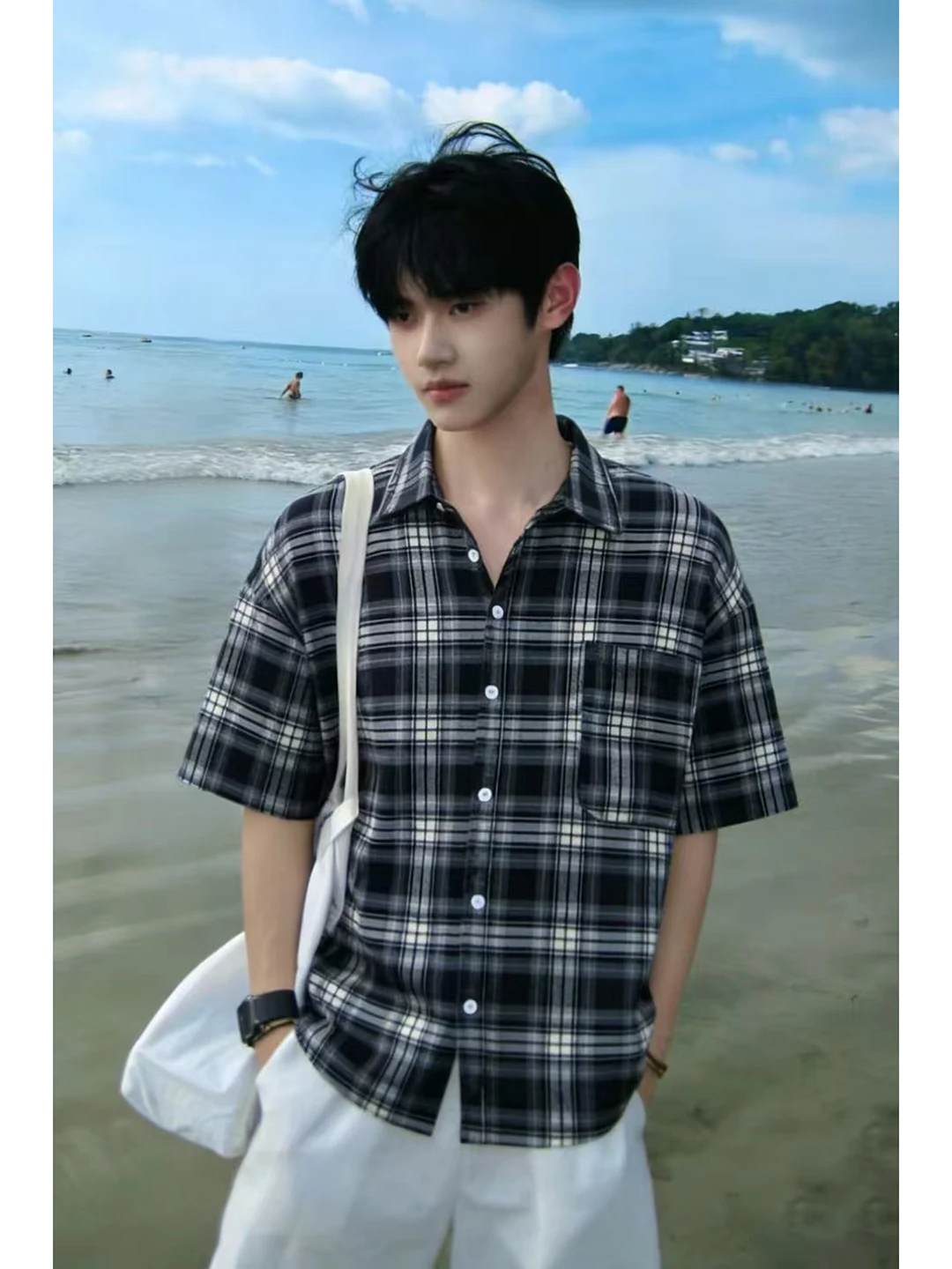 

Summer Men's ort Sve irt Thin Sun Protection Outerwear Retro American Plaid Men's Loose Fit Regular Length Cardigan