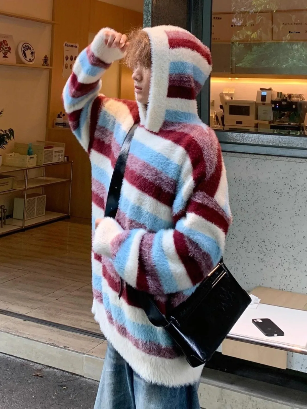 

Американский уличный стиль: молодежный свитер с капюшоном, цветными блоками и полосками, из вязаного трикотажа, осенний, с длинными рукавами