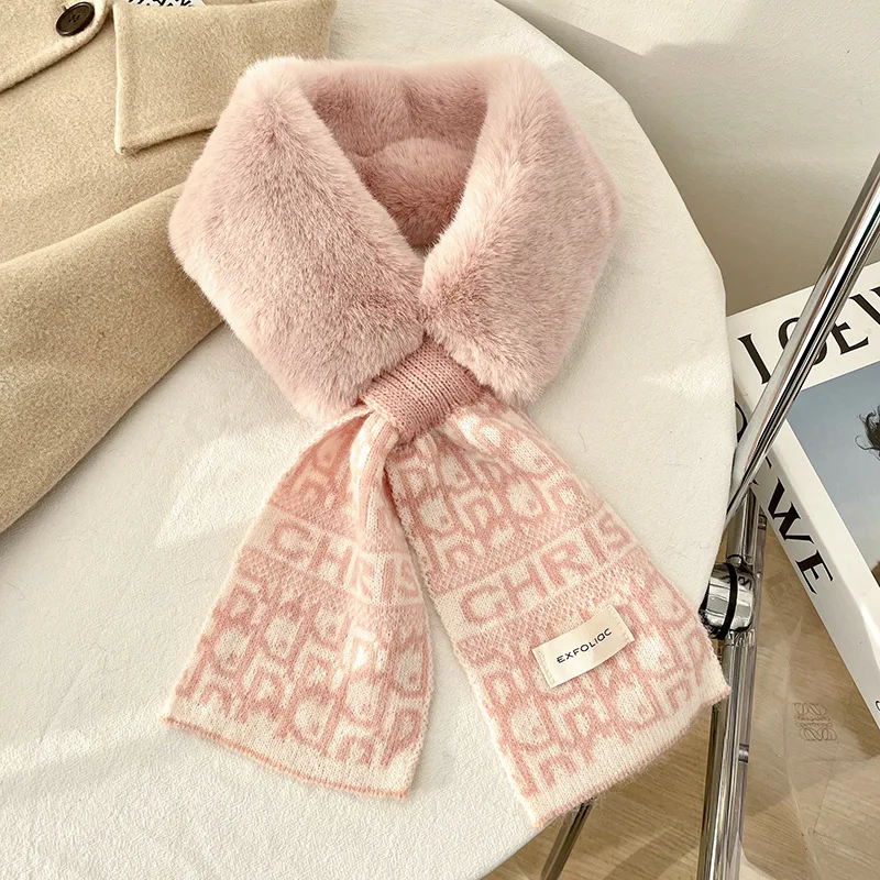 2022 New Designer Winter Warm Faux Rabbit Fur Collar Scarf Ring Women Luxury Plaid Knitted Snood Scarves for Ladies Neckerchiefs