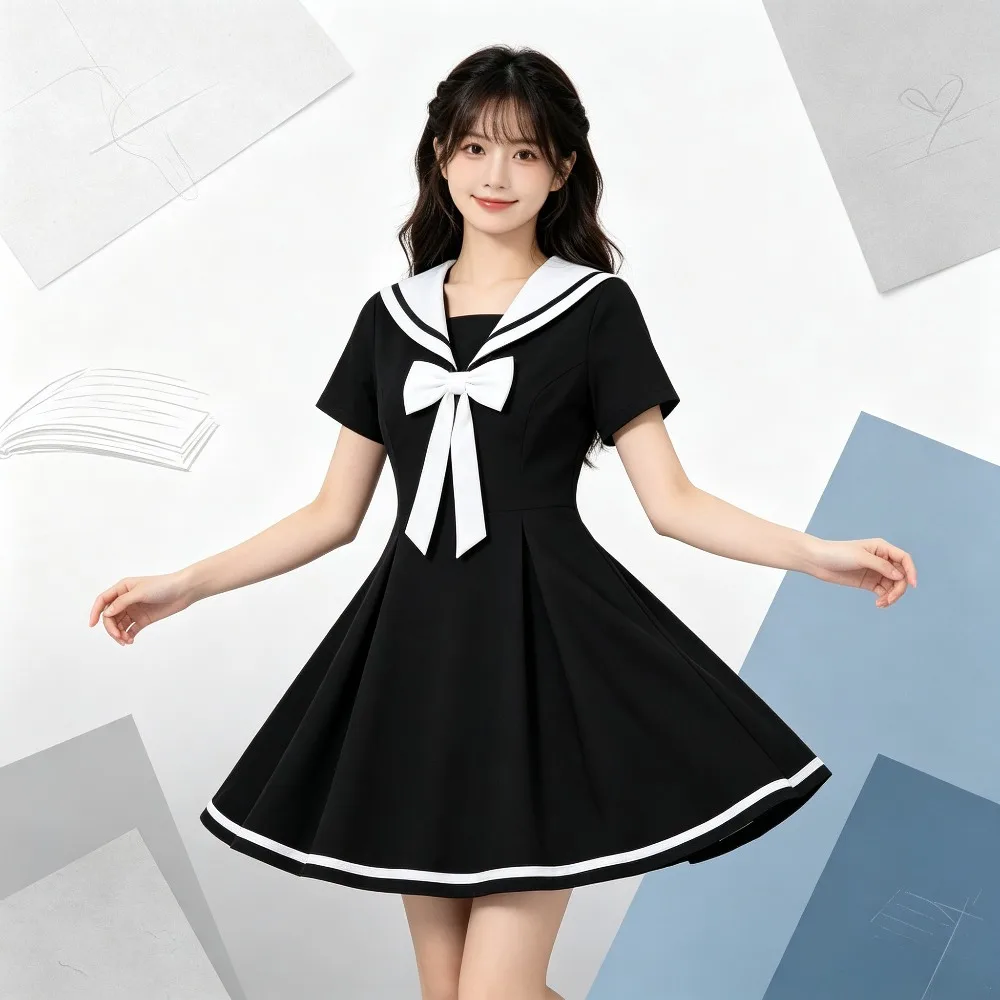 Navy Collar Academy Youthful Slimming Dress Tummy Cover A-Line Skirt Women School Uniform For Daily Campus Halloween Cosplay
