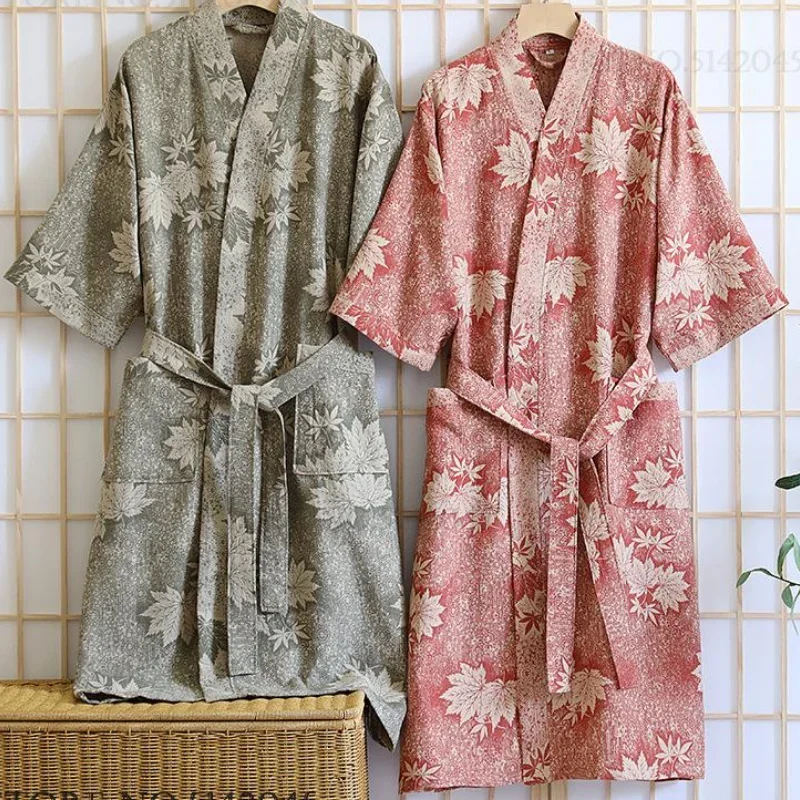 Japanese Style Jacquard Robe Kimono Gown 100% Cotton Couple Bathrobe Home Dress with Pocket Loose Casual Sleepwear Lounge Wear