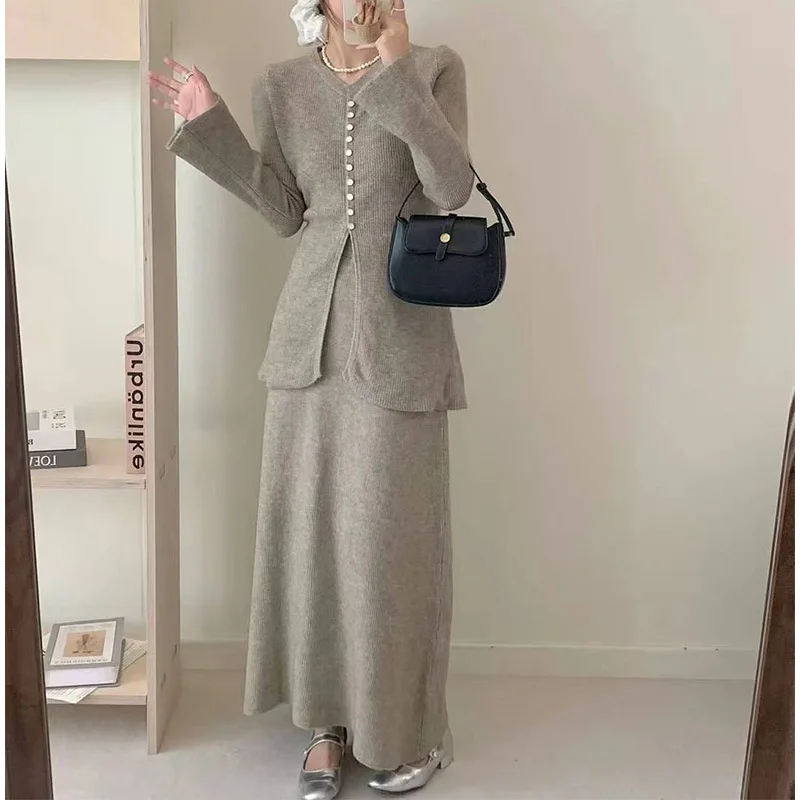 

Women Two Piece Sets Skirt Set Round Neck Flare Sleeve Tops Long Skirts A Line High Waist Y2k Streetwear Elegant Work Autumn