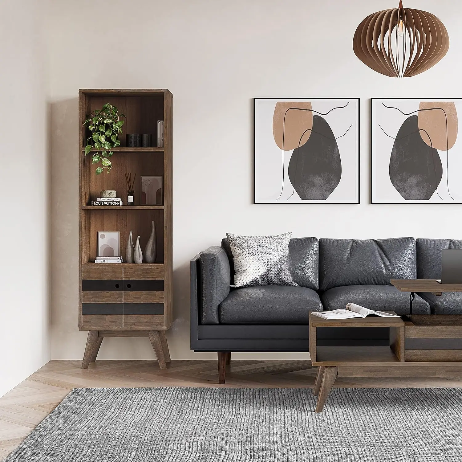 Estante contemporânea de 22 polegadas de largura com armazenamento em marrom rústico natural envelhecido, para Livi