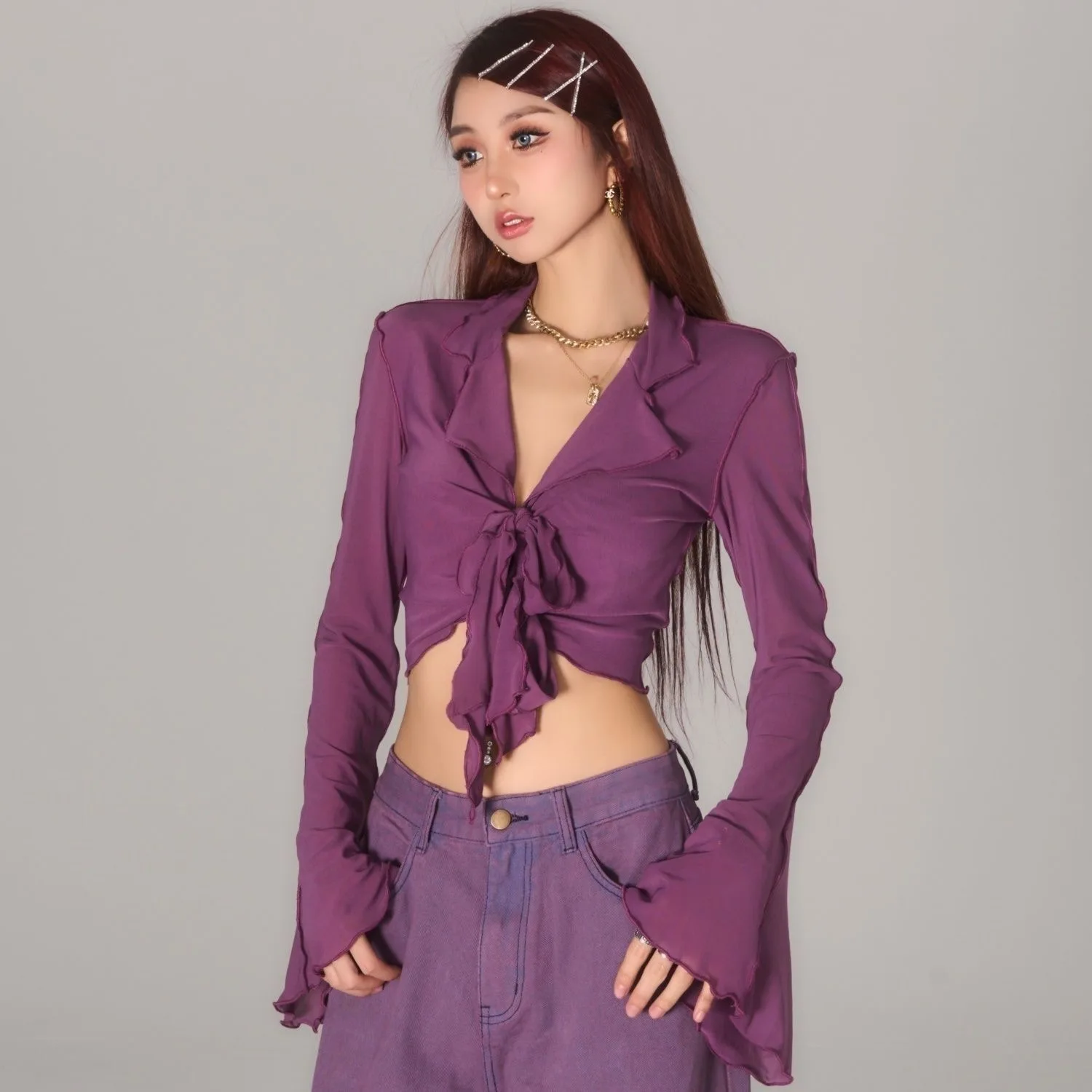 Spring New K-Style Lace-Up Mesh Long Flare Sleeve Blouse Korean Women's Fashion Boho Chic Office Daily Breathable Sexy Tops