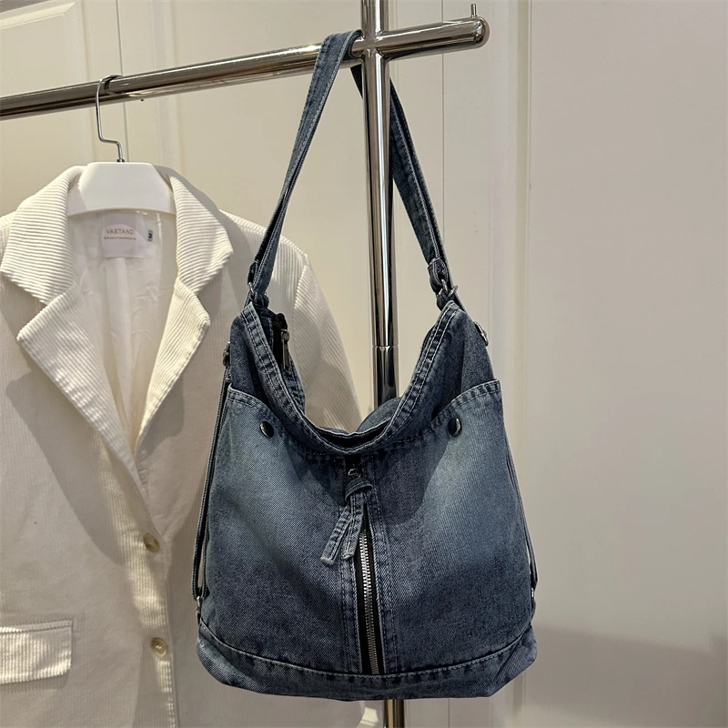 Vintage Denim Hobo Shoulder Bag Large Capacity Multi Pockets Casual Crossbody Bag Adjustable Strap Daily Travel Ladies Handbag