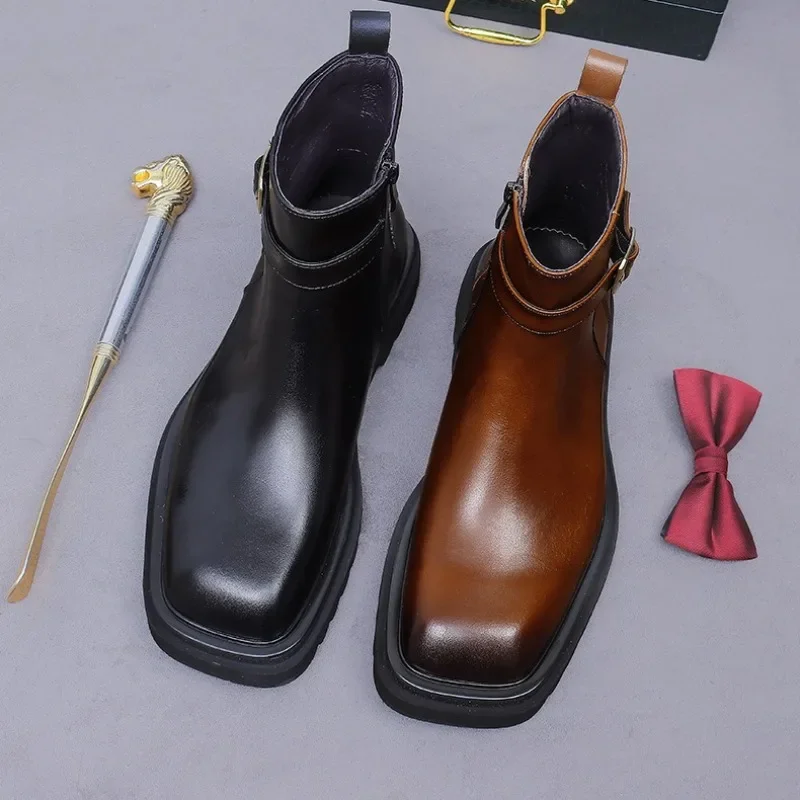 Retro Mens Ankle Oxford Boots Luxury Genuine Leather Handmade Quality Comfortable Square Toe British Style New Party Shoes Man - view 6