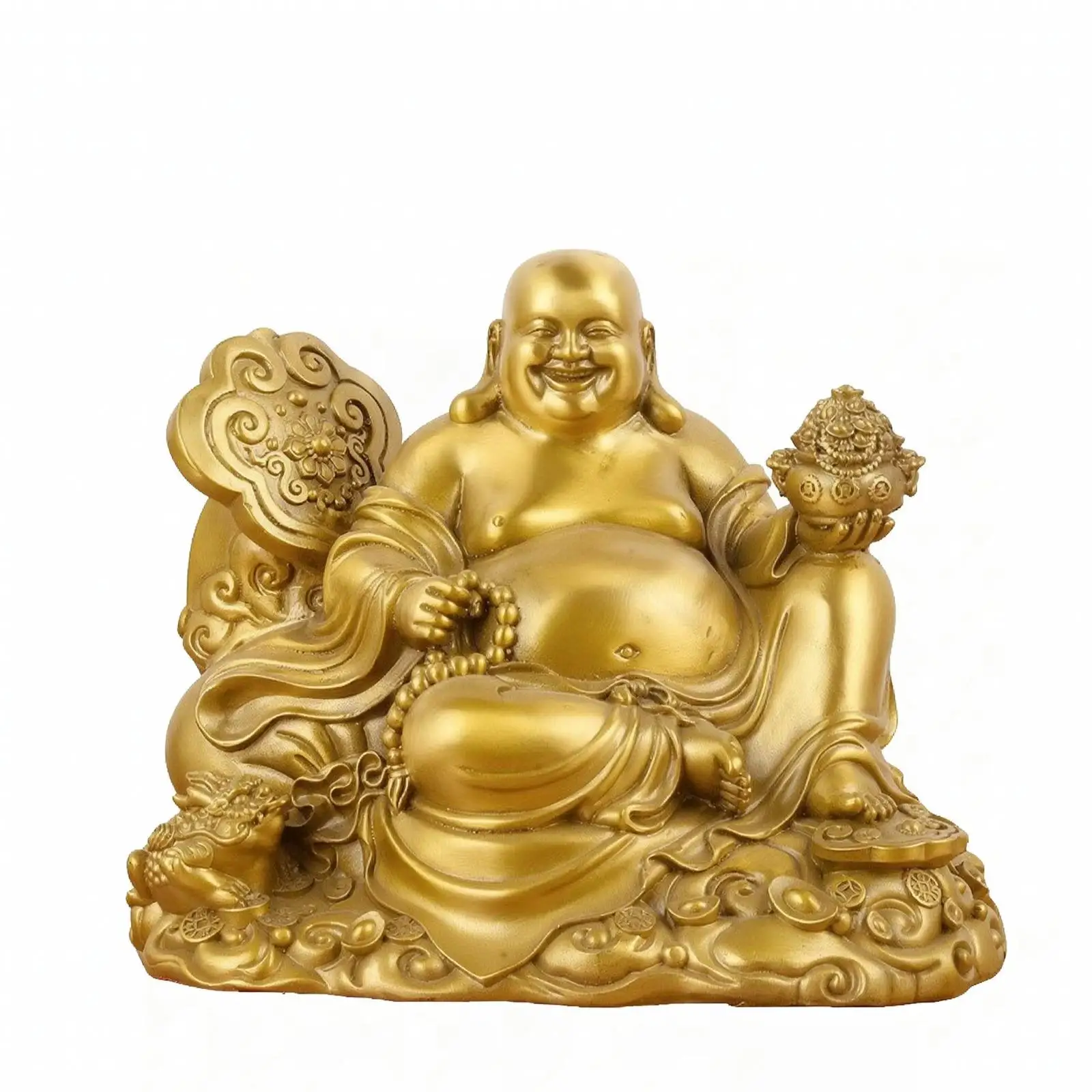 Copper Laughing Buddha Decorative Statue Richly Detailed Laughing Buddha Statue with Ornate Base Prosperity-Themed Sculpture for