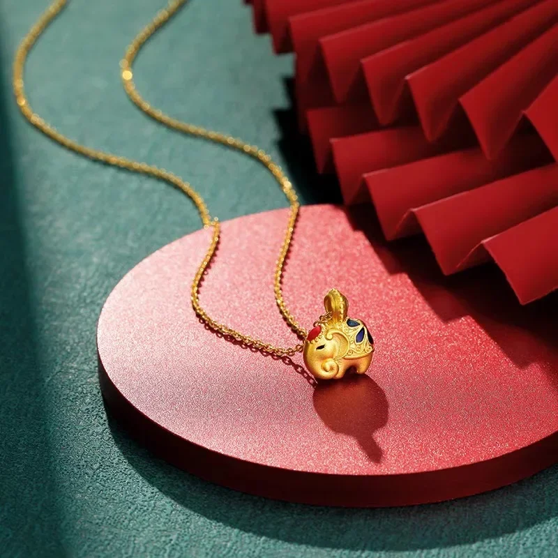 24K Yellow Gold Jixiang Ruyi Enamel Pendant Necklace, 999 Real Gold Taiping Elephant Clavicle Chain for Girlfriend Birthday Gift