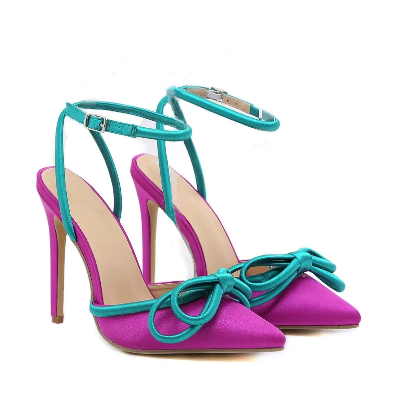 New Women's Color Matching Pointed Satin High Heels Shoes Mu Qin Stilettos Shoes Size 35-42