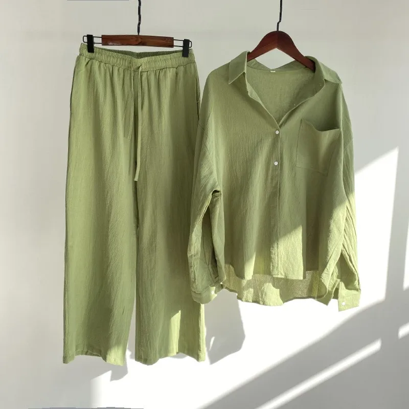 Cotton Linen Two Piece Set For Women Autumn Fashion Casual Long Sleeve Shirt Wide Leg Pants Suit Elegant Office Lady Outfits