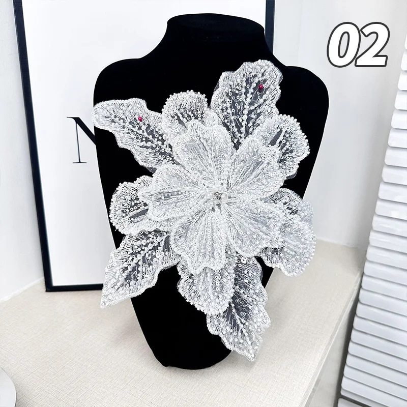 Multi-Layer Organza Lace Sequin Beaded Studded 3D Flower Crystal Patch Diy Clothing Decorative Applique Sweater Coat Accessories