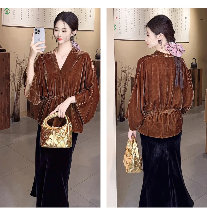 Natural Silk Fleece Women's Top - Loose V-neck Dress - Elegant and Casual, Comfortable and Soft Large Size Women's Clothing