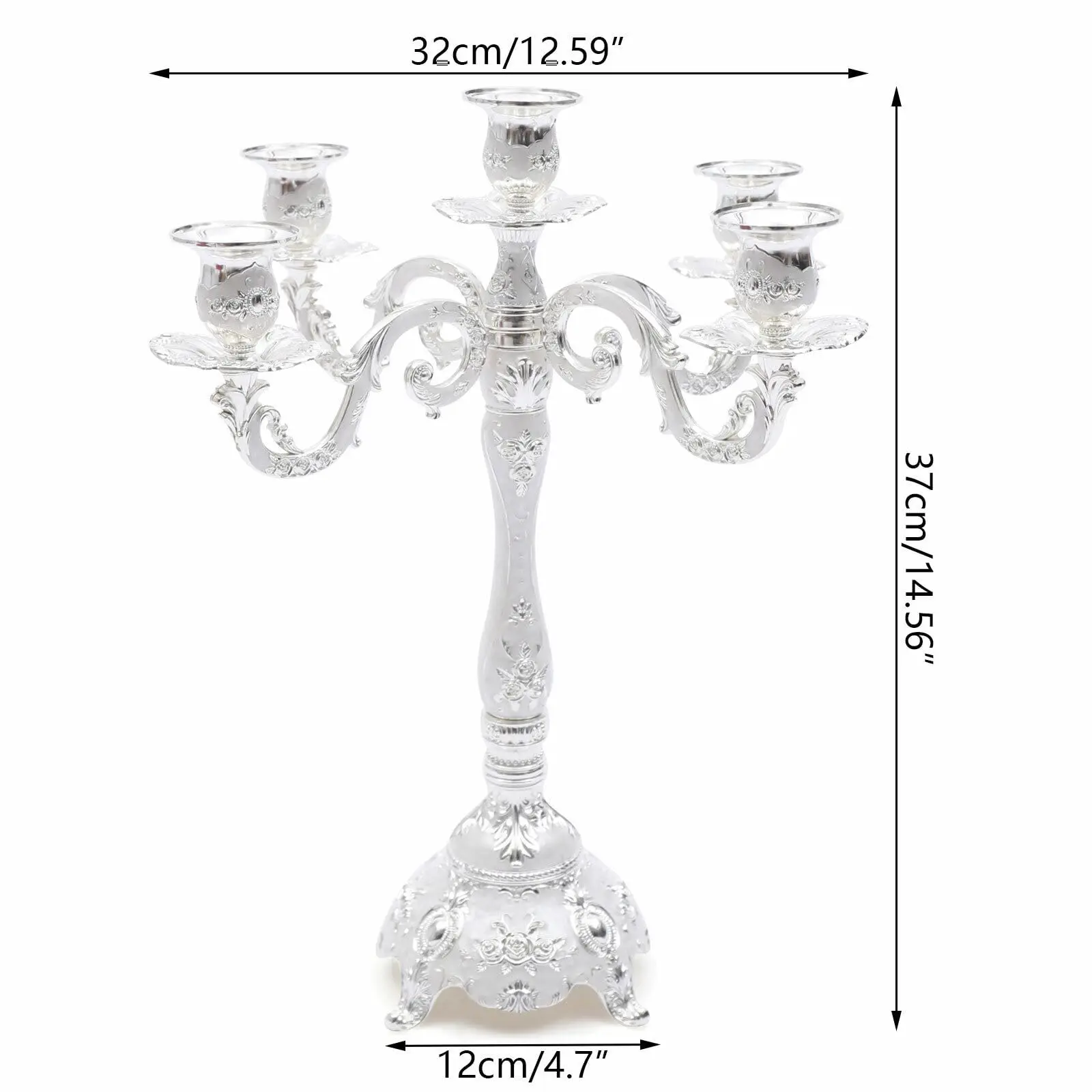 شمعدانات معدنية أنيقة بطول 14.56 بوصة ارتفاع، حامل شموع بـ 5 أذرع، حامل شموع مستدق مع نحت ثلاثي الأبعاد #3