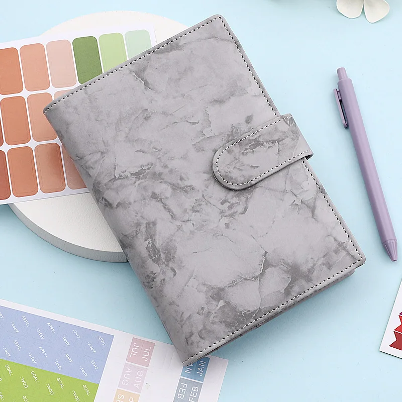 A6 PU Leather Marbled Notebook Binder Budget Planner Organizer 6 Ring Binder Cover Binder Pockets School Supplies Journal Diary