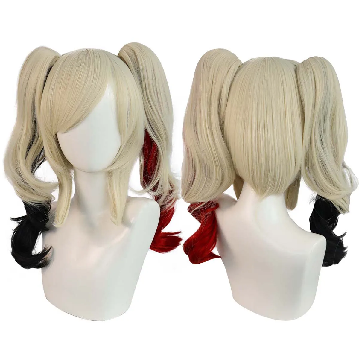 Harley Quinn Cosplay Wig Blonde Red Black Gradient Twin Ponytail Heat Resistant Synthetic Hair Halloween Carnival Party Props