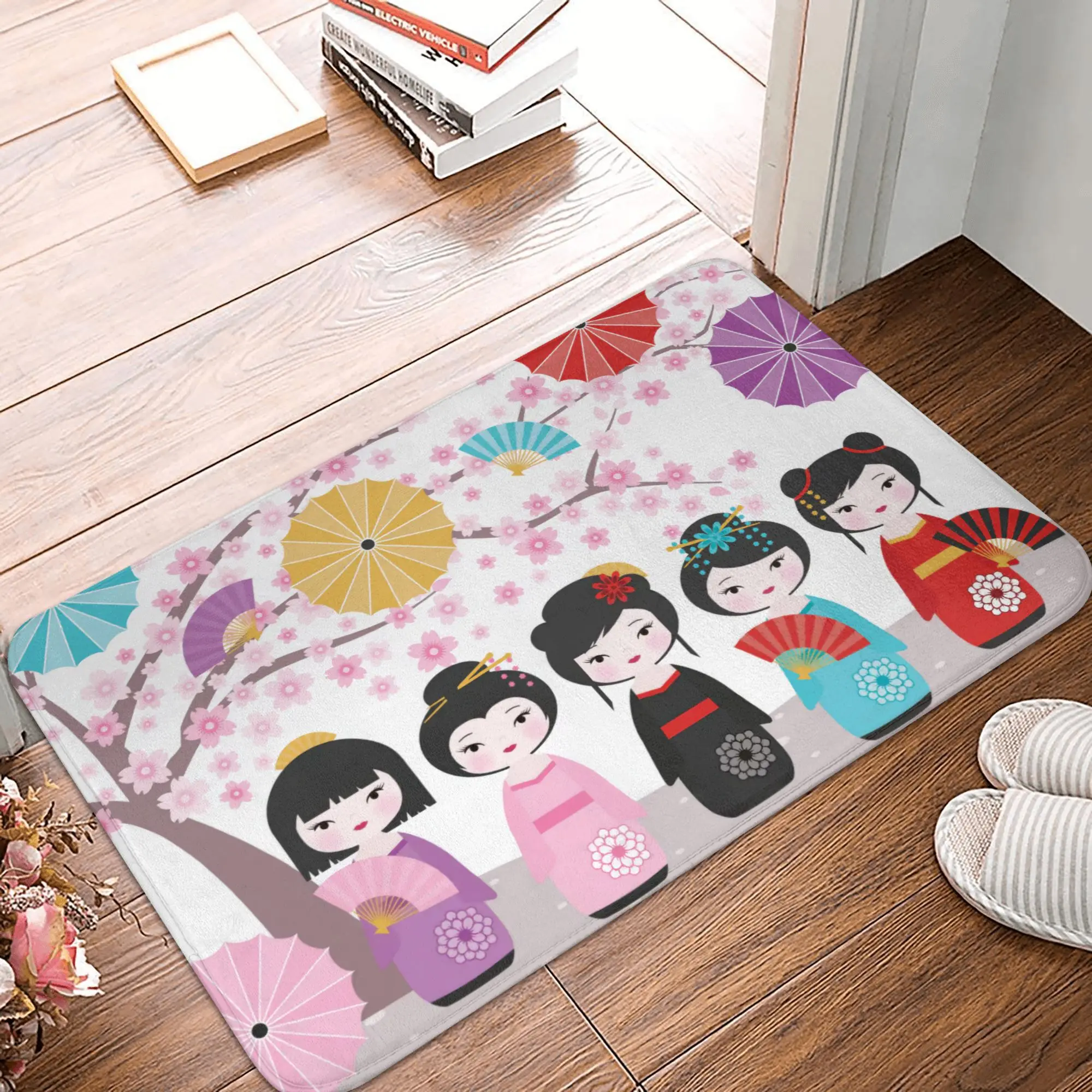 

Kawaii Kokeshi Doll Cherry Front Door Mat Anti-Slip Outdoor Japanese Geisha Girl Art Doormat Kitchen Balcony Entrance Rug Carpet