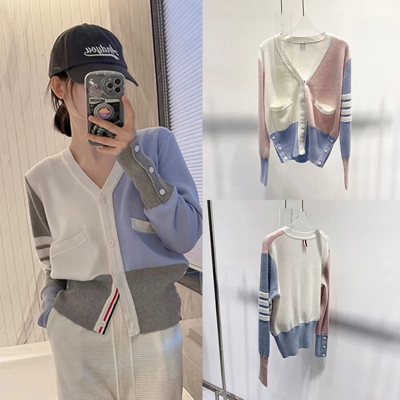 

Высококачественная шерстяная версия Four-Bar Classic Color Blo Slim Fit Трикотажный топ Женский открытый кардиган V-Ne Long Sve ort S...