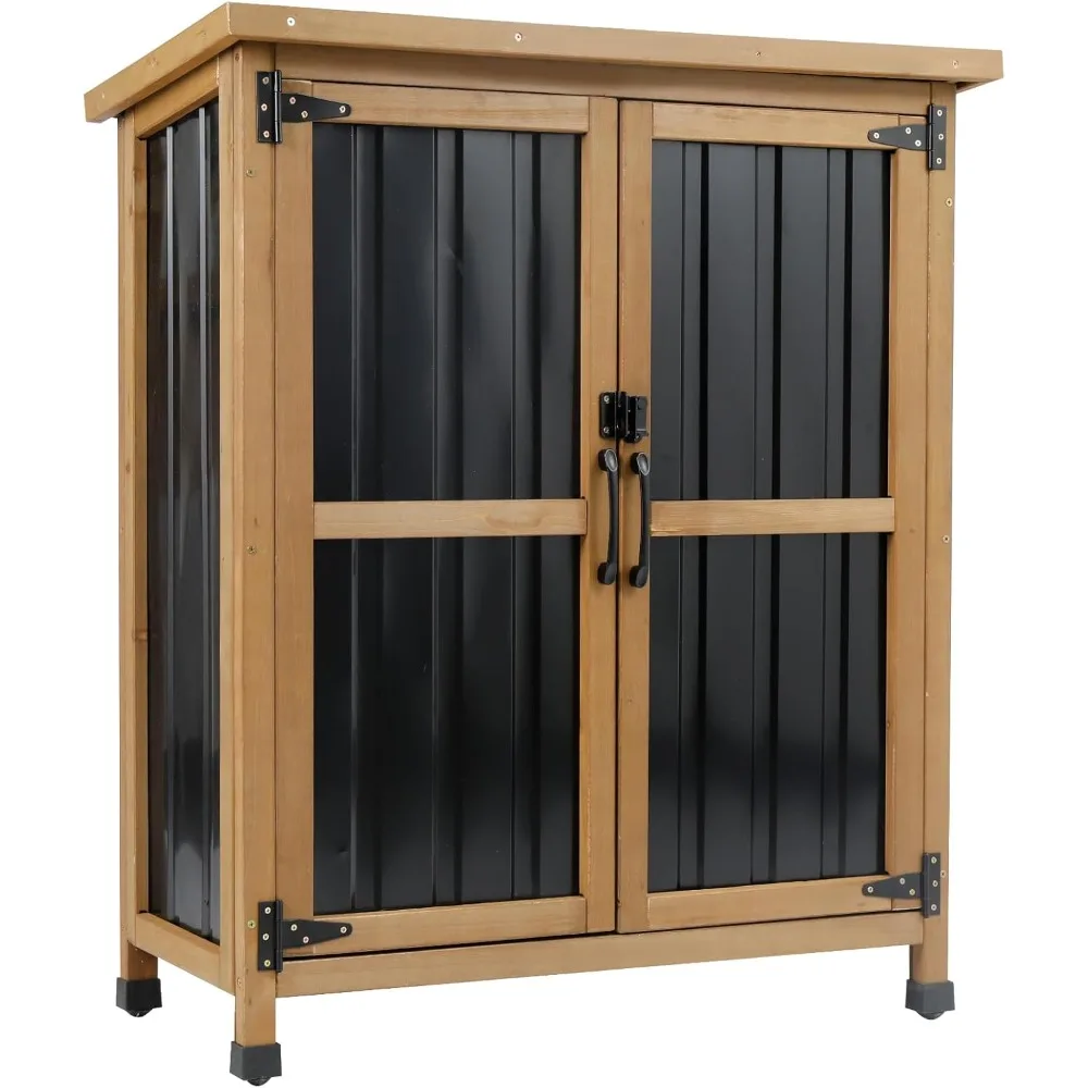 

Outdoor Storage Cabinet Wood & Metal Small Storage Shed Waterproof Roof, Double Lockable Doors Garden Shed with Removable Shelve