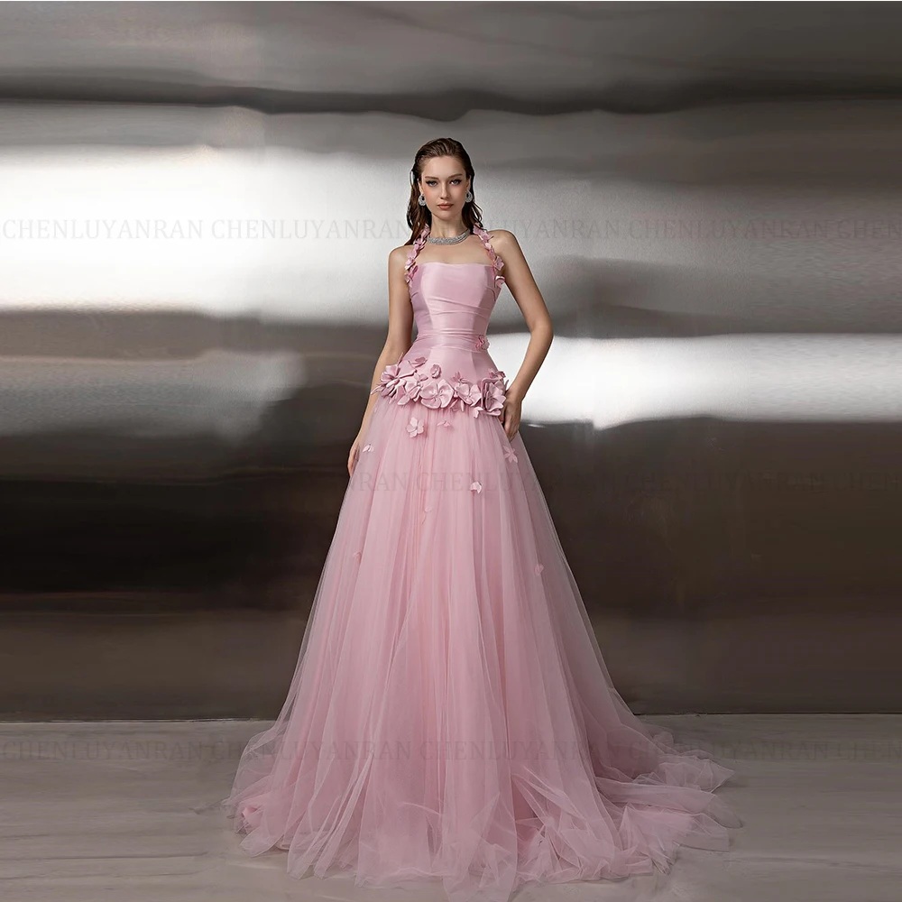 

MOLISA Customized Simple Pink Evening Dresses Woman's A Line Flowers Sexy Ruffles Prom Gowns Backless Party Vestido De Novia