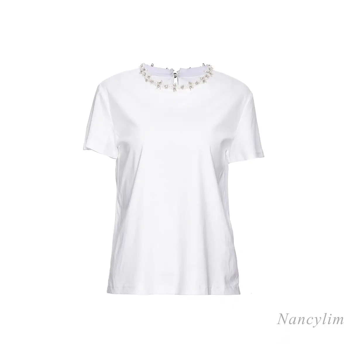 2023 Summer New Cotton Beaded Round Neck T-shirt Women\'s Manual Sewing Diamond High Sense T Shirts Tops White Black