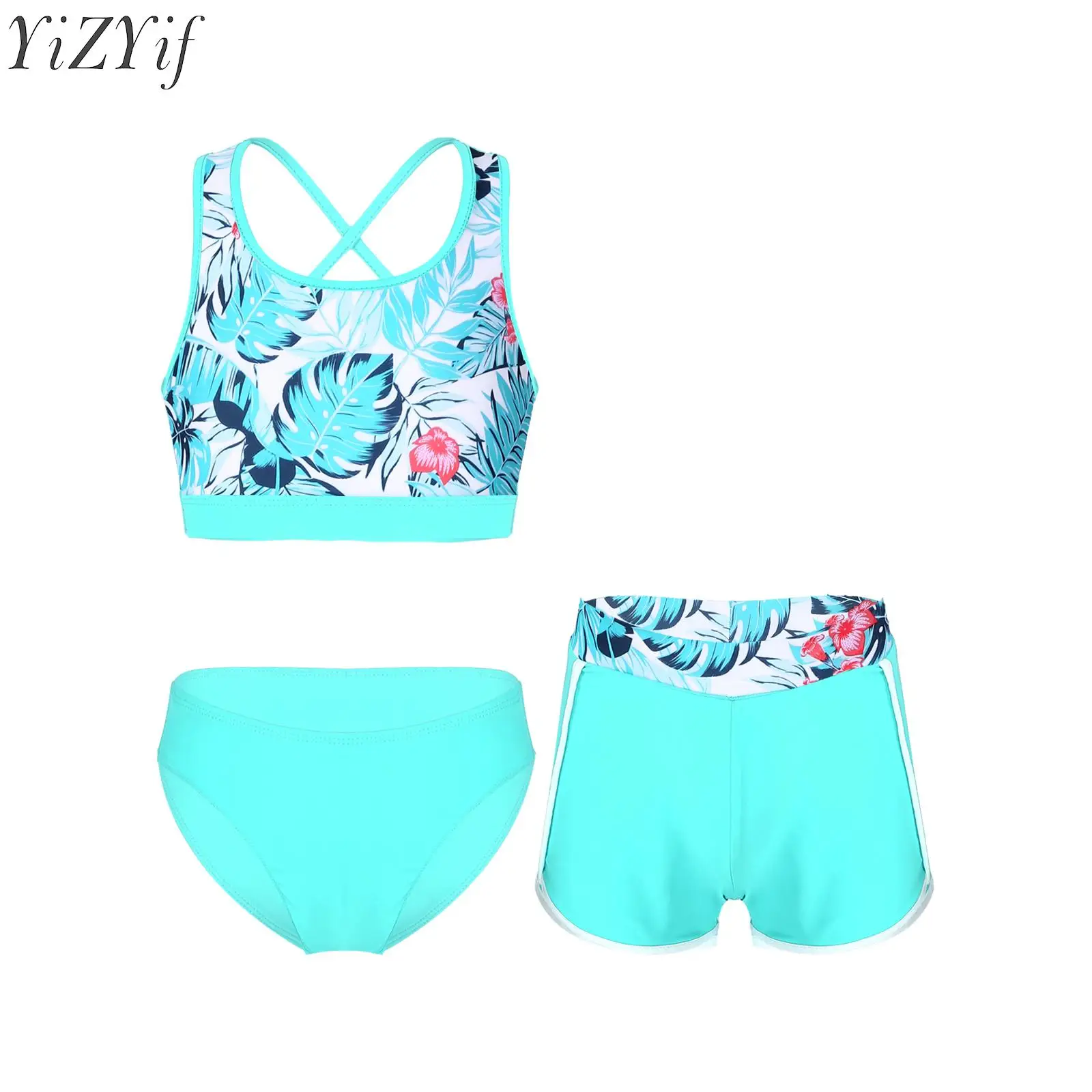 Kids Girls Swim Sets 3PCS Bikini Swimsuit Floral Printed Swimwear Beachwear Outfits for Swimming Summer Holiday Bathing Suits