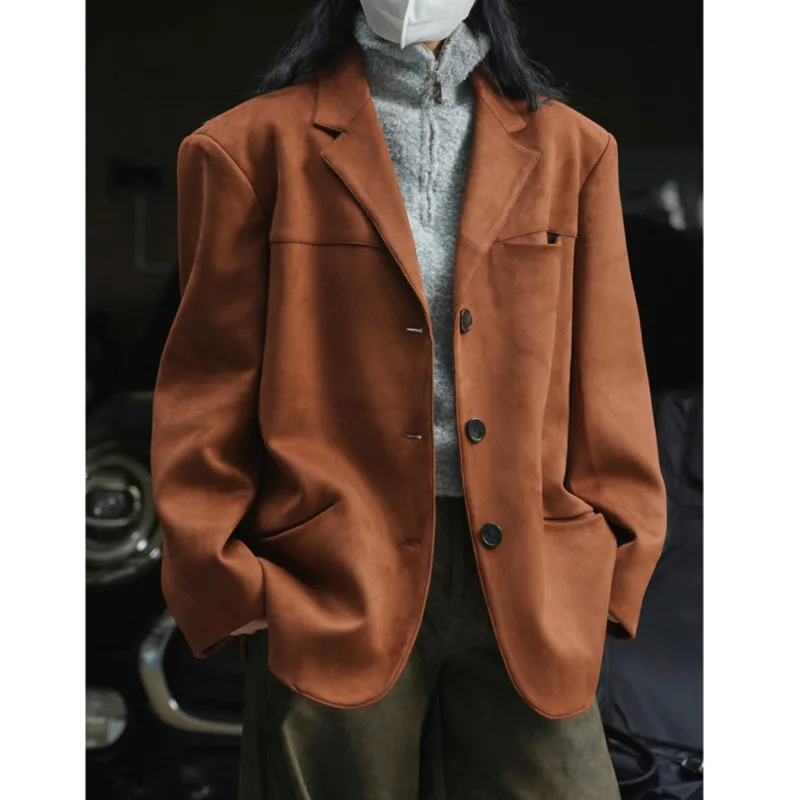 Vintage Suede Brown Blazer Coat Women Lapel Collar Pocket Straight Single Breasted Suit Jacket