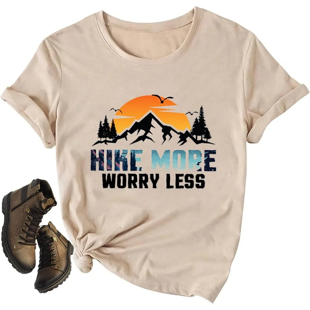 Hiking Shirt for Women Adventure Mountain Graphic Athletic Shirts Funny Hike More Worry Less Tee Tops