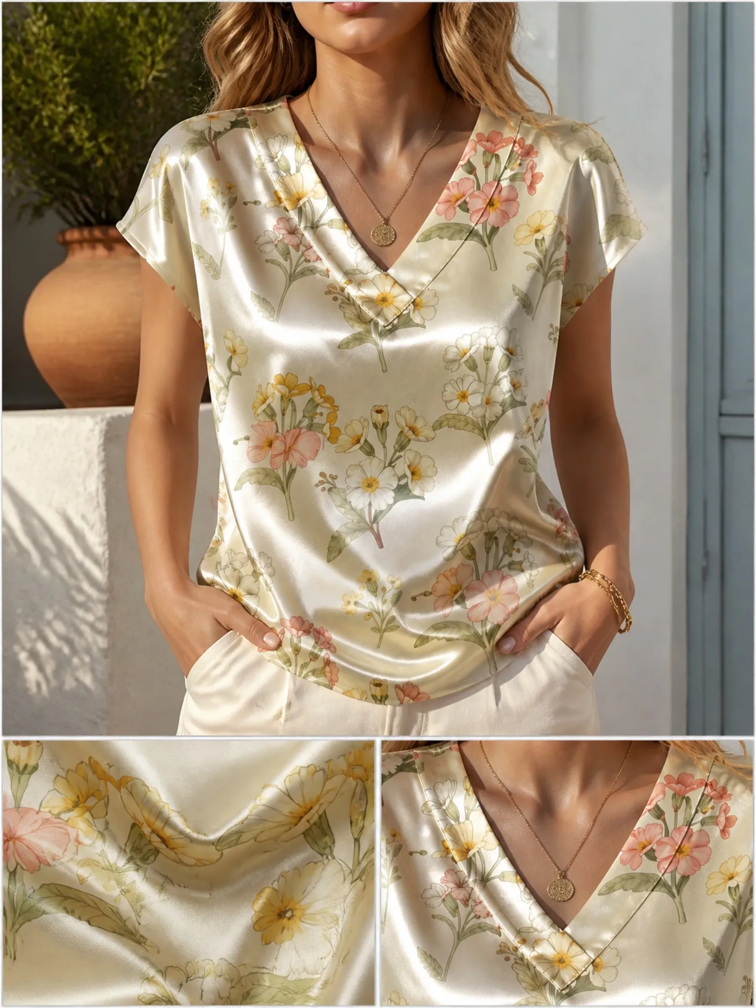 Floral Satin V Neck Top for Women Cap Sleeve Easy Draped Fit Silky Summer Cruise Daily Wear Lightweight Breathable Graceful Airy