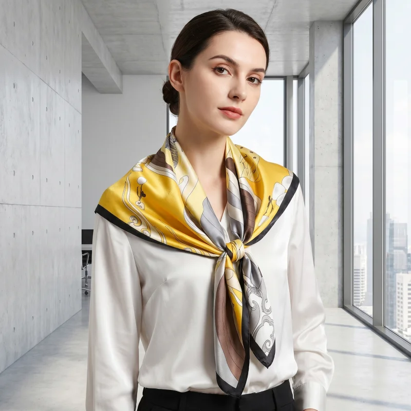 

100% Mulberry Silk Scarf 35" Square Headscarf Women’s Hair Wraps Travel Shawl (88*88cm) With Gift Packed Golden Landscape Print