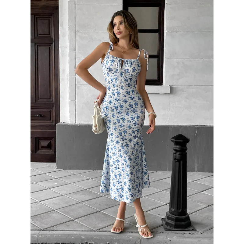 

Women's Fashion New Summer Sweet Small Floral Strap Dress Slim Fit Elegant Bodycon Long Dress