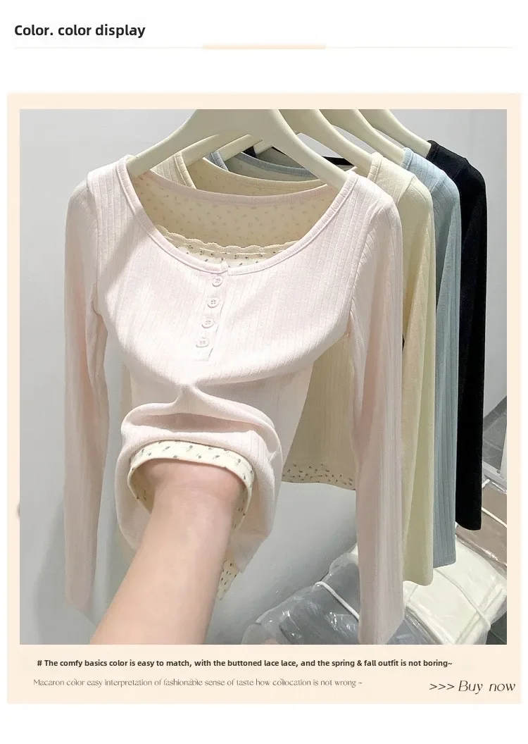 Neues Damen-Langarm-T-Shirt mit U-Kragen, schmales Oberteil für Frühling und Herbst, französischer Stil, Damenbekleidung mit gefälschtem Zwei-Spitzenrand, Y2k-Top – Detail 1