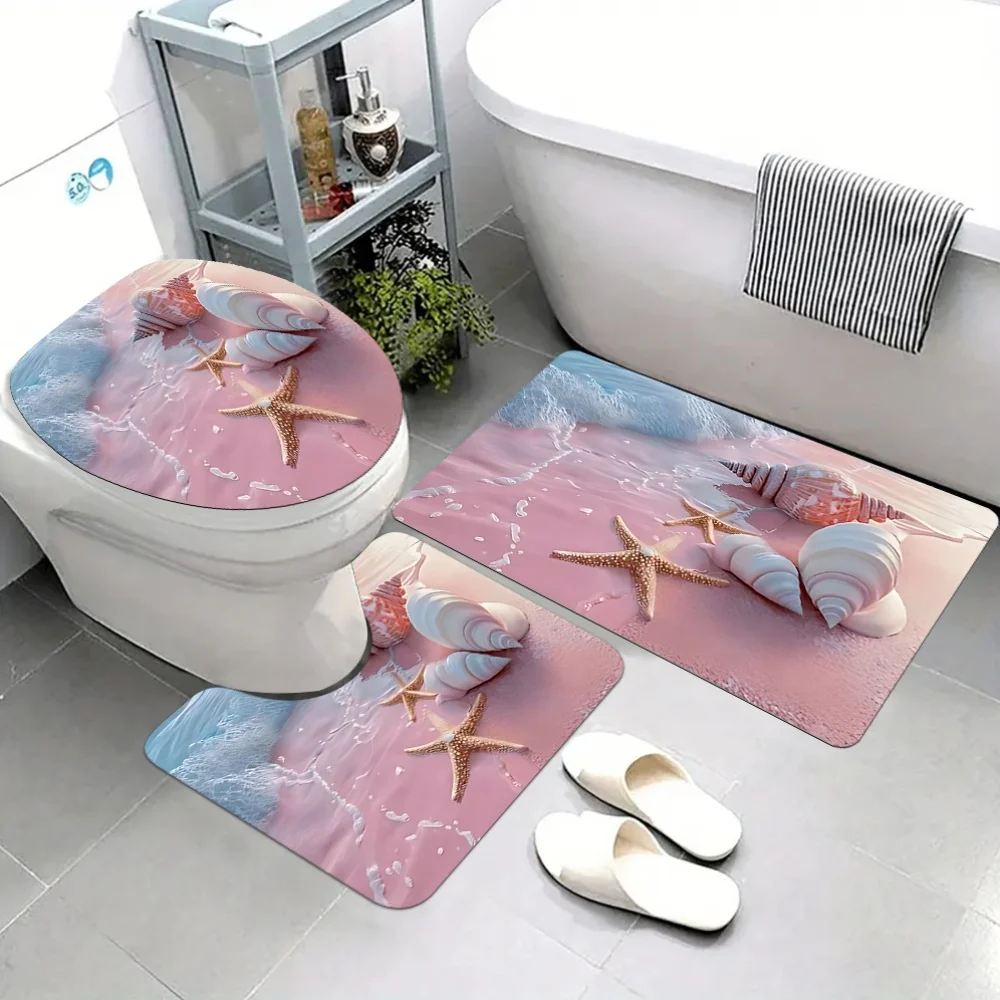 

Seashell Starfish Printed Waterproof Non Slip Bath Mat Toilet Lid Cover Set 3 Pieces Pink Blue Ocean Themed Bathroom Accessories