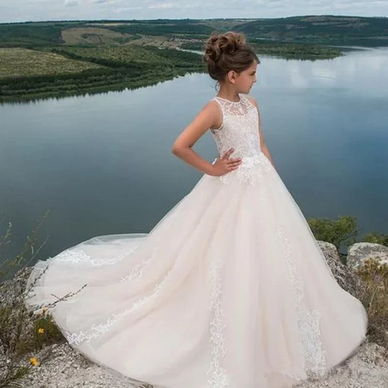 Vestidos de encaje sin mangas para niña de las flores, línea A, longitud hasta el suelo, cuello redondo para boda, cumpleaños, dama de honor, graduación, fiesta de noche