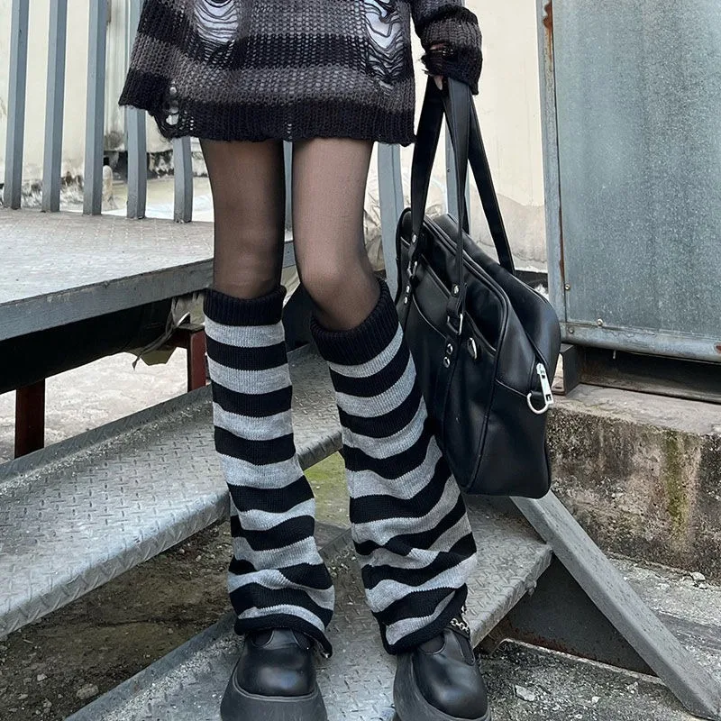Kaos Kaki Panjang Bergaris Wanita Lolita, Legging Rajut, Kaos Kaki Musim Dingin Jepang, Penghangat Lengan & Pergelangan Kaki Gadis Kawaii, Kaos Kaki Bergaris